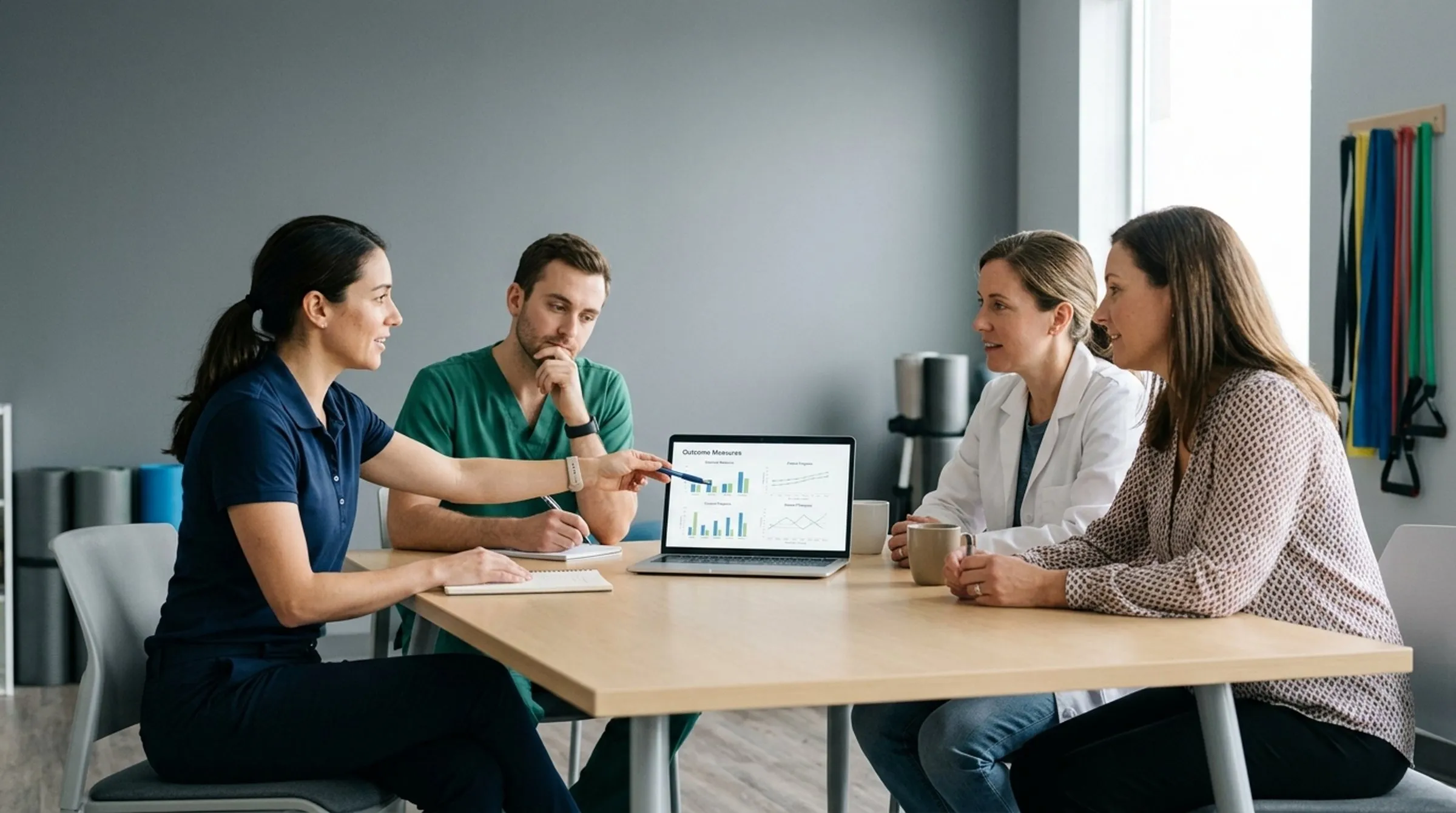 A care team reviewing outcome-measure dashboards on a laptop