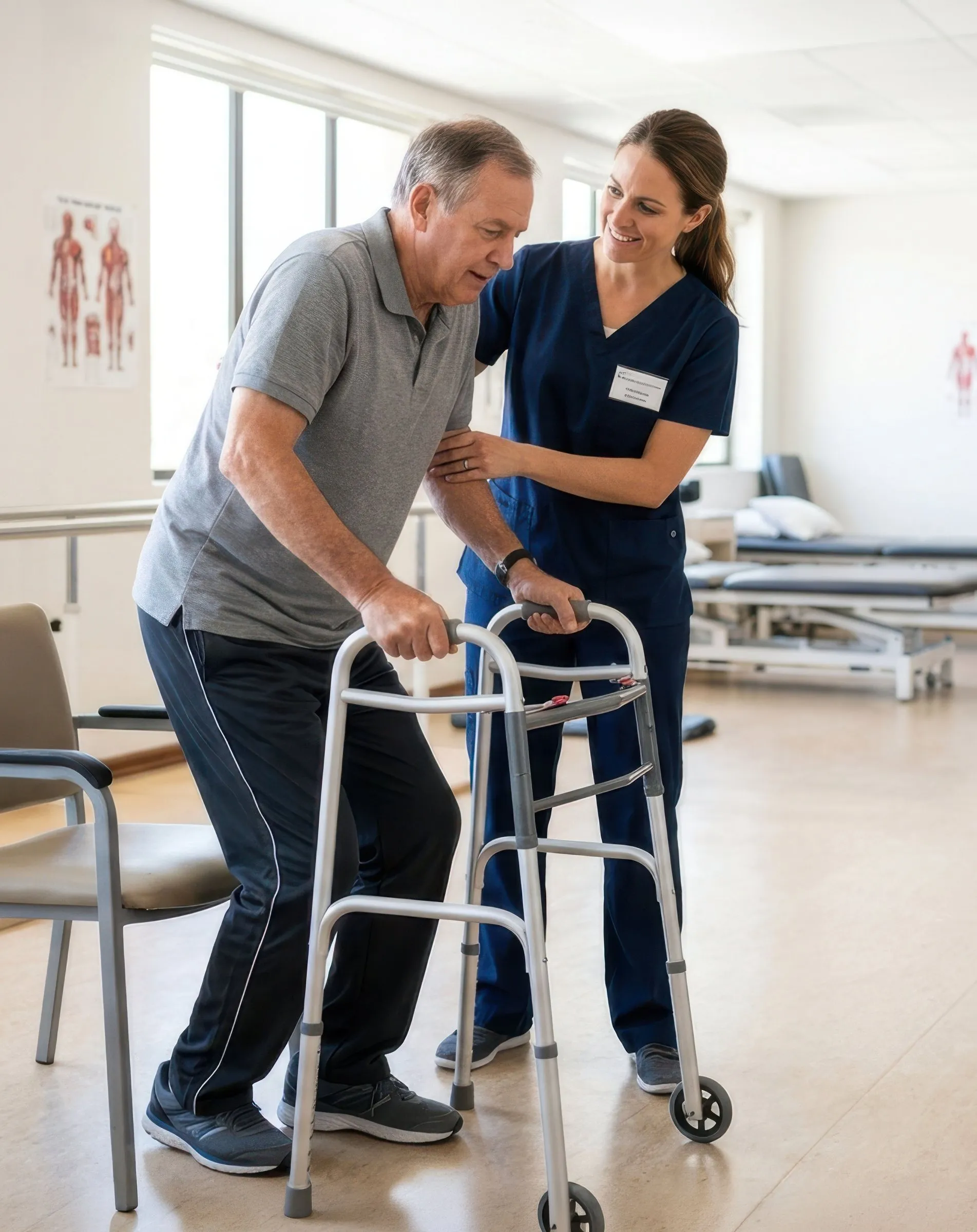 Physical therapist guiding an older adult using a walker in a skilled nursing therapy gym
