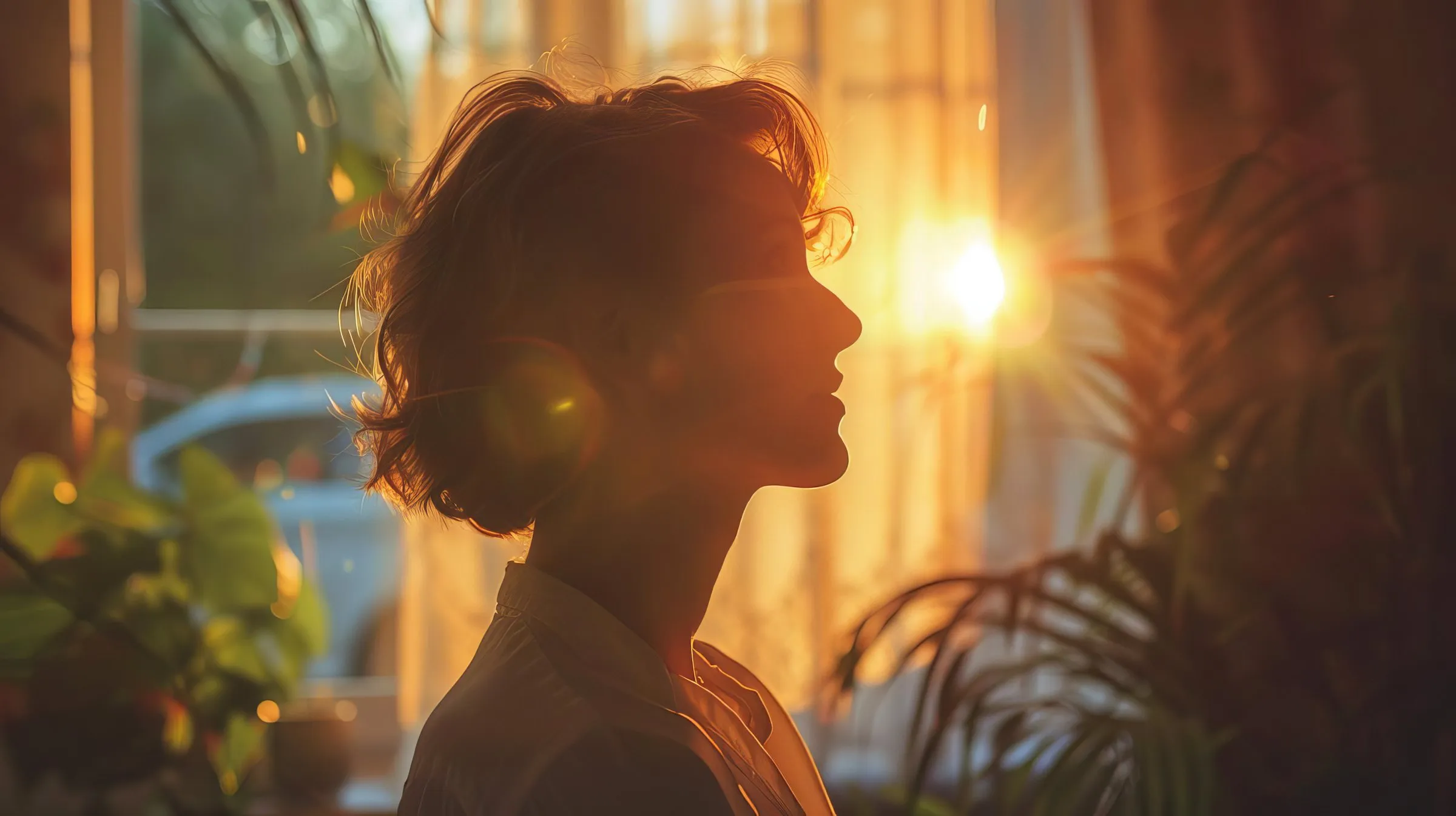 A therapist in profile at golden hour, at the end of the workday