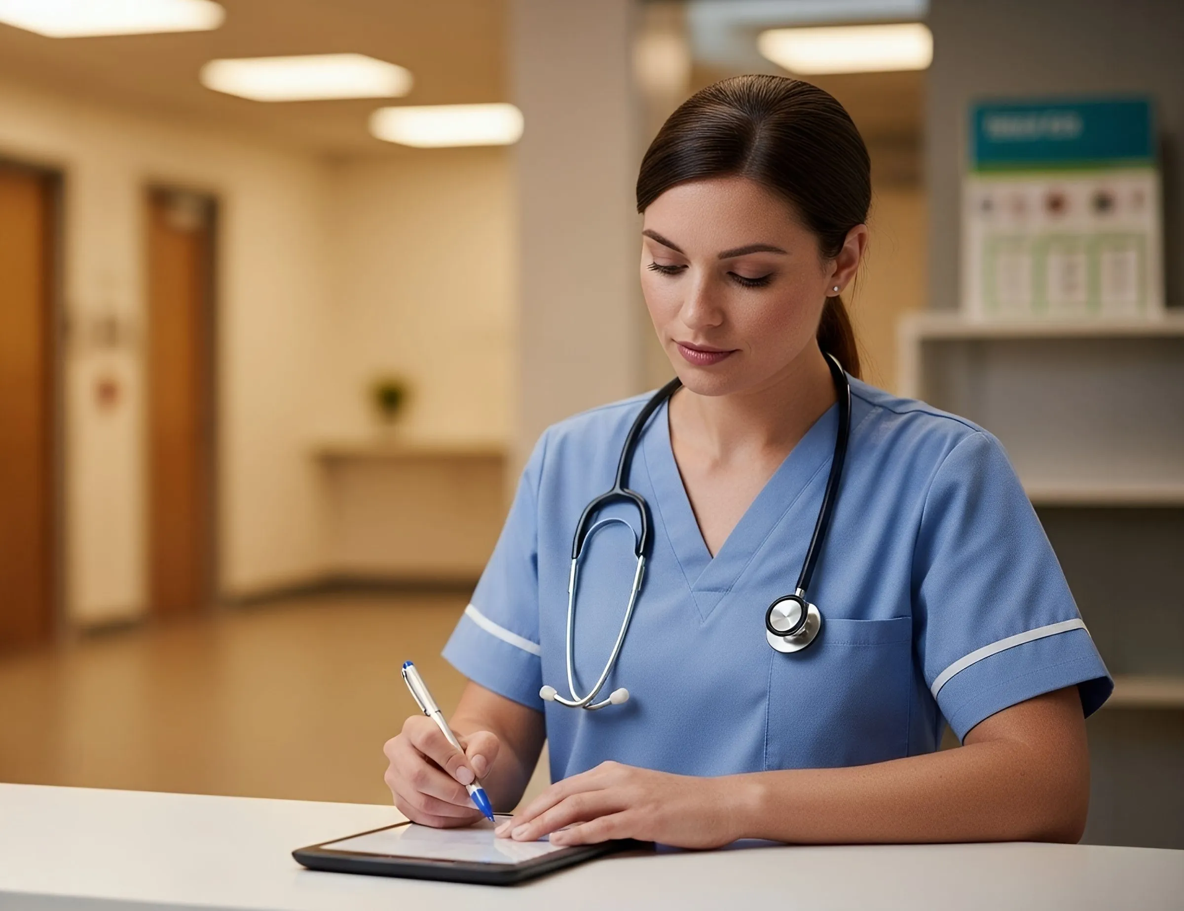 Clinician calmly finishing a note on a tablet at a facility workstation