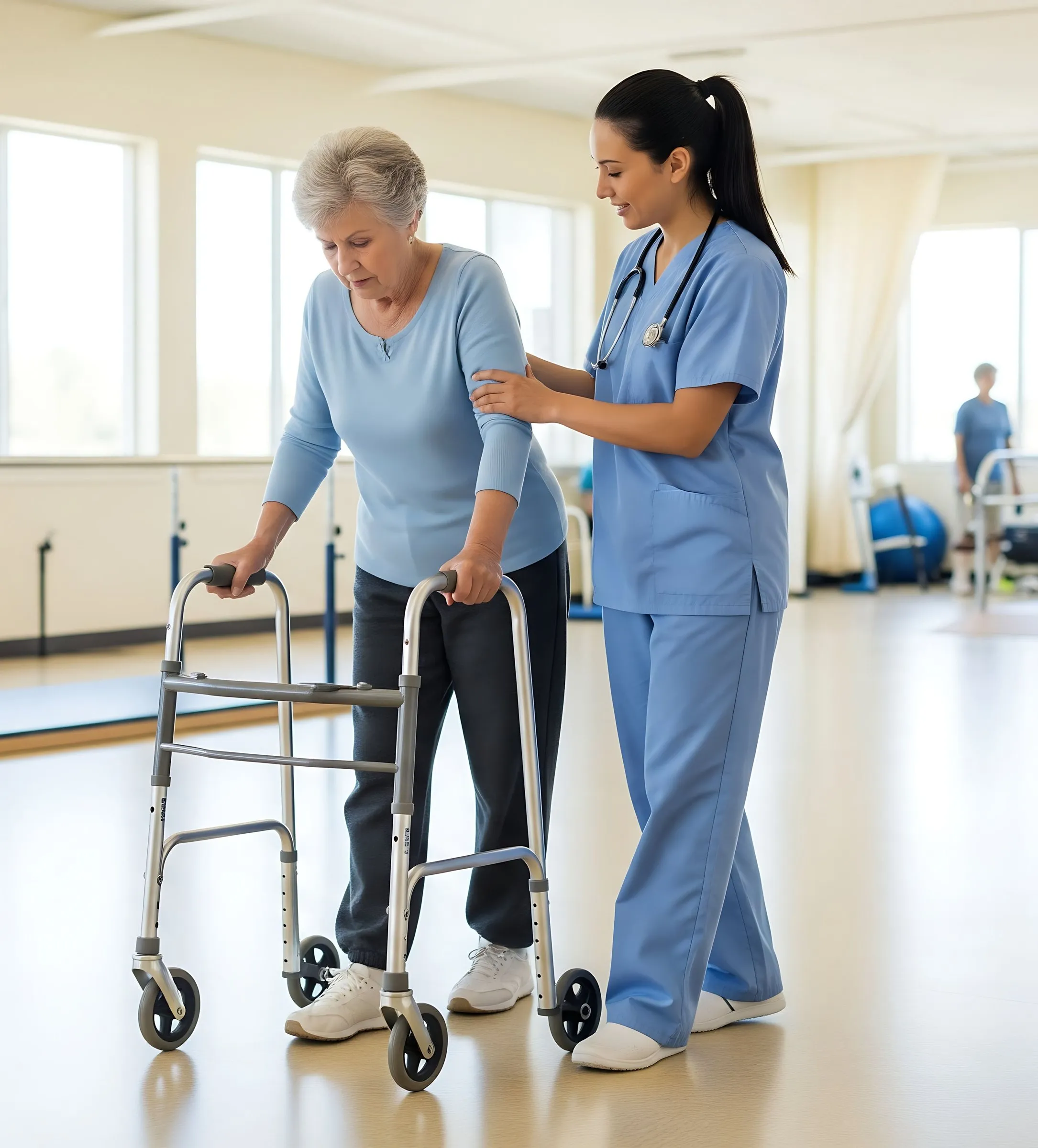 A physical therapist steadying an older adult using a walker