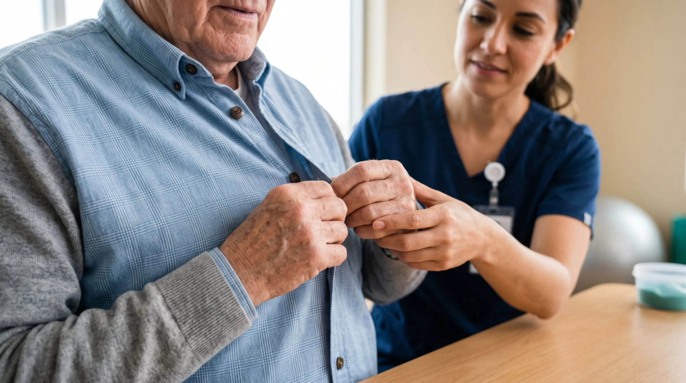 An occupational therapist working on fine-motor skills with an older adult