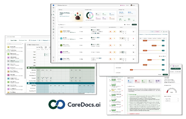Screens from the CareDocs.ai Intelligent Therapy Management Platform